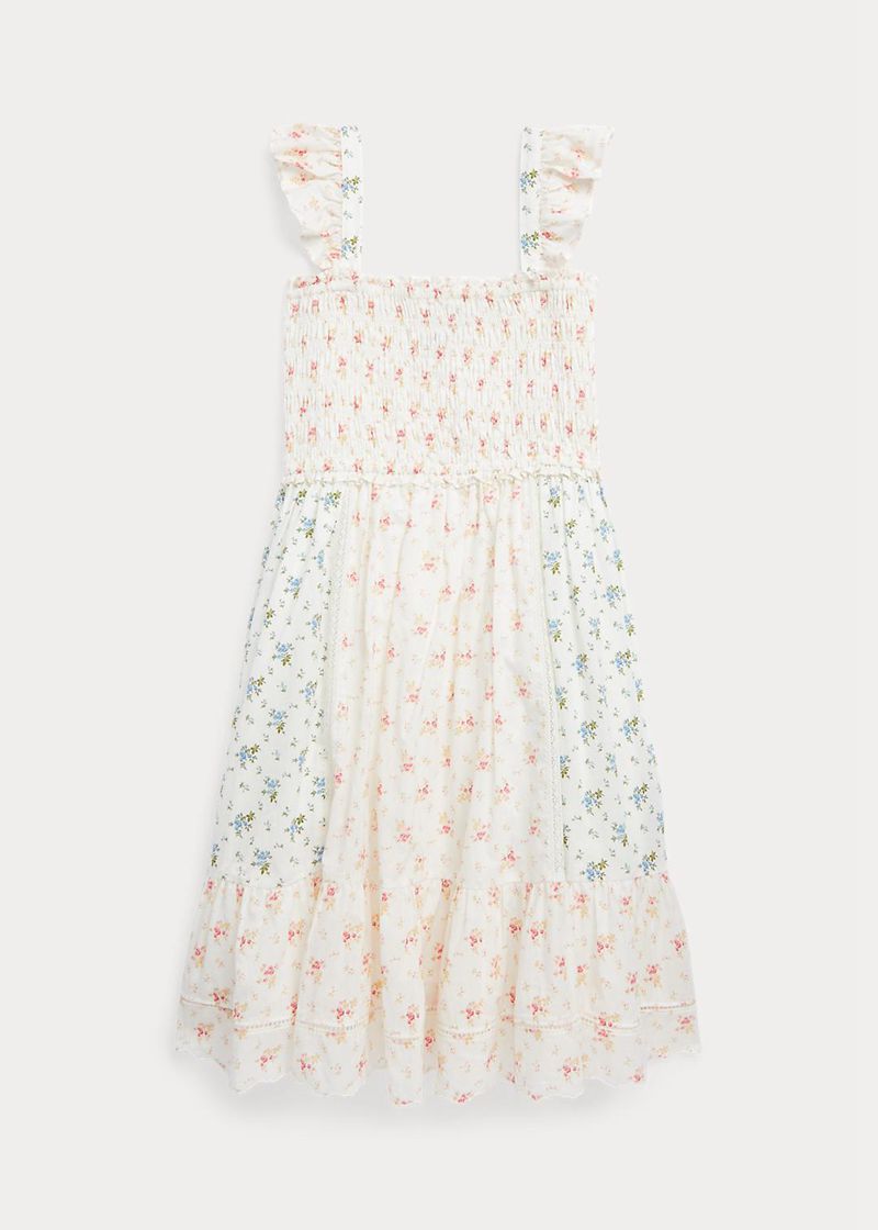 ポロ ラルフ ローレン ドレス ガール ベージュ 7-14 年 花の Smocked コットン Batiste MPBFO8409